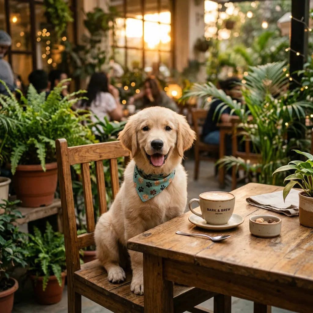 A happy golden retriever puppy sitting in a pet-friendly café in Noida