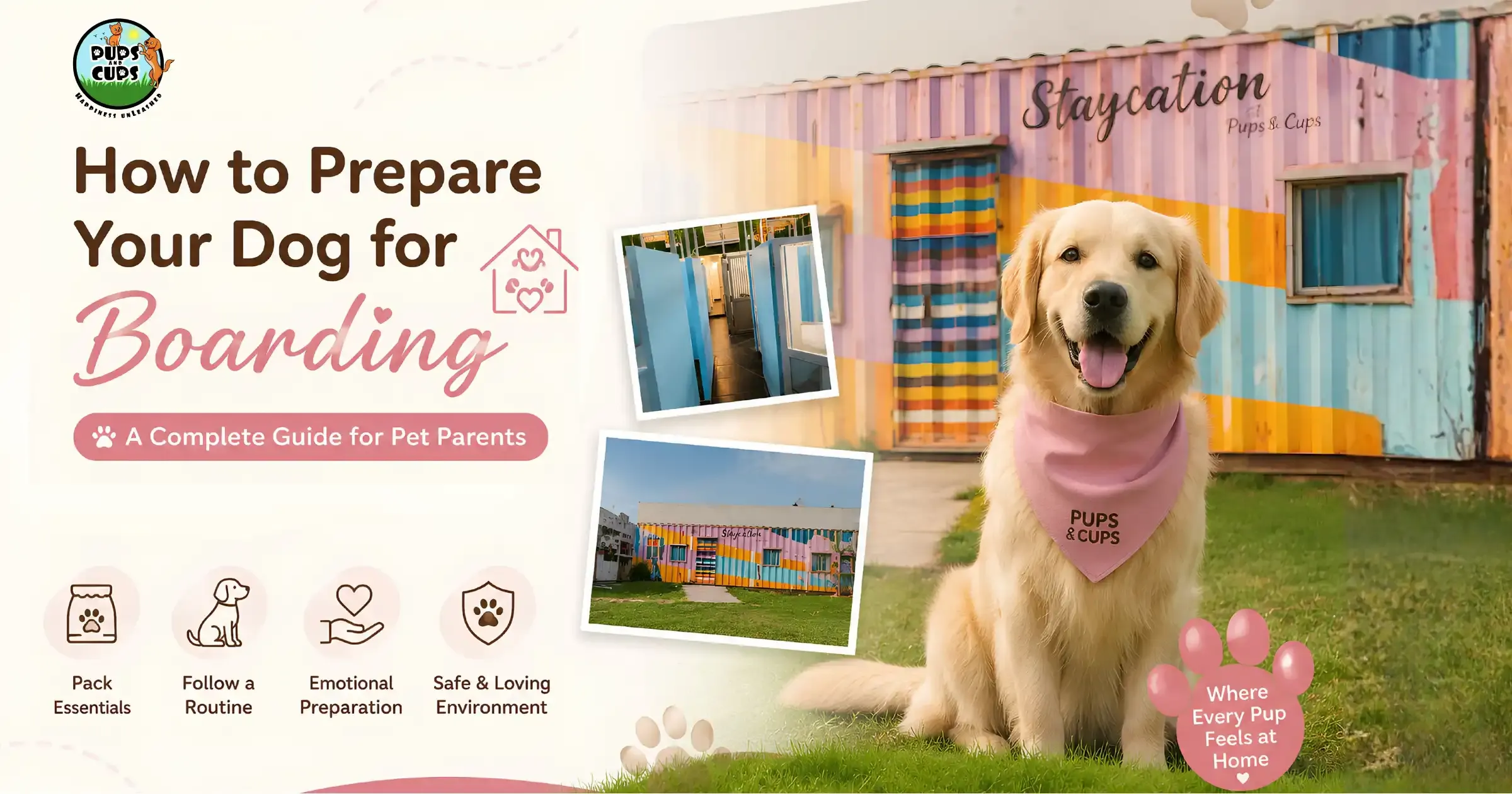 Dog being prepared for a comfortable boarding stay with familiar items and supplies